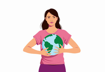 Illustration of a Woman Holding a Globe Symbolizing Global Awareness and Responsibility for Environmental Conservation and Earth Care