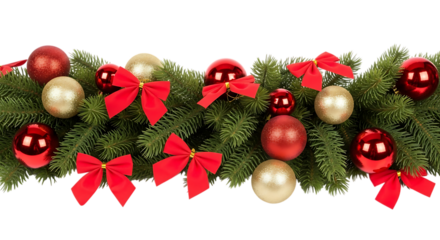 A festive christmas garland isolated on transparent background, adorned with vibrant red bows, shiny red and gold ornaments, and lush green pine branches, creating a warm and inviting holiday atmosphe