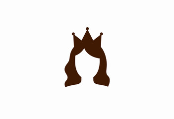Simplistic Brown Silhouette of a Crowned Cartoon Figure Featuring Flowing Hair on a Clean White Background