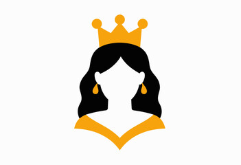 Illustration of a regal silhouette featuring a queen with flowing hair, ornate crown, and elegant earrings against a simple background