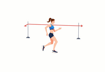 Illustration of a woman in athletic attire running energetically across a finish line with a red ribbon on a clear background, symbolizing determination and victory