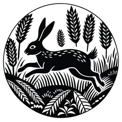 Obraz premium Black vector illustration of a tribal animal logo design featuring a rabbit silhouette