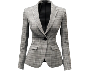 Gray plaid blazer displays on transparent background for product staging, fashion design, and mockups.