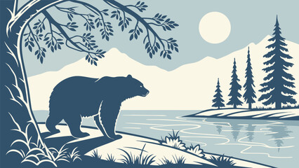 Majestic bear silhouette strolling along a serene lake with pine trees and mountains under a full moon, evoking peace and tranquility in nature's embrace