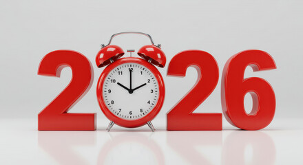 Red 2026 numbers with alarm clock symbolizing time