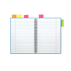Notebook with sticky notes peeking out, transparent background