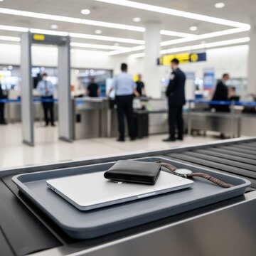 At the airport security checkpoint, a gray tray holding a laptop, black wallet, and wristwatch awaits inspection on a conveyor belt, with security in the blurred backdrop.