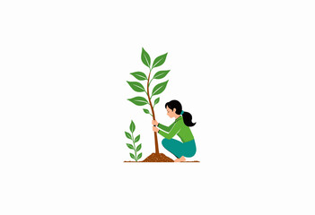 Illustration of a Woman Engaging in Tree Planting Activity to Promote Environmental Conservation and Sustainability Efforts in a Minimalist Style