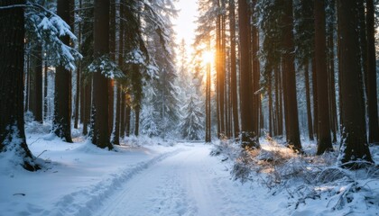 Snow Covered Forest Landscape with Frosty Winter Atmosphere