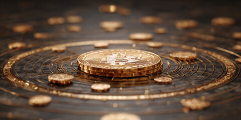 Golden bitcoin coin placed at center of circular cosmic pattern - AI generated