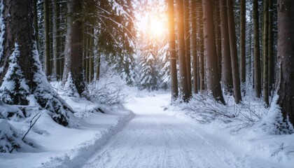 Frosty Winter Morning in Snow Covered Forest Landscape