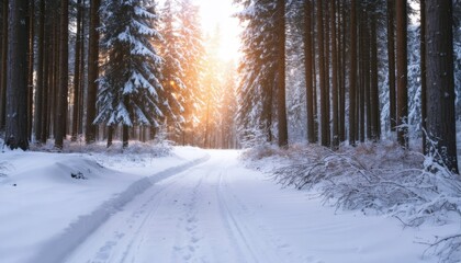 Winter Nature Scene with Snowy Forest and Hiking Path