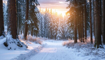 Scenic Winter Forest Path with Snow Covered Pine Trees