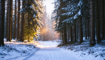 Winter Wonderland Forest Path with Fresh Snow and Frosty Trees