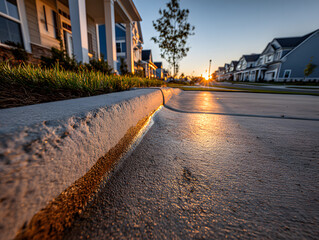 Obraz premium Freshly Poured Concrete Curb Construction in a Suburban Neighborhood on a Sunny Day