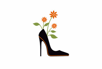 Elegant Black High Heel Shoe With Vibrant Orange Flowers and Green Leaves Emerging From Inside, Symbolizing Style and Nature's Fusion