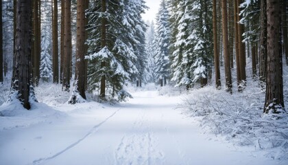 Snowy Winter Forest Landscape with Snow Covered Trees and Scenic Path