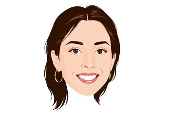 Illustrated Portrait of a Smiling Young Woman Featuring Dark Hair and Hoop Earrings on a Minimalist White Background for Artistic and Graphic Design Projects
