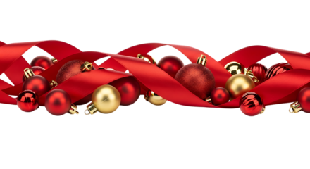 Charming christmas arrangement isolated on transparent background, showcasing a luxurious red ribbon intertwined with an assortment of gold and red baubles, creating a visually stunning and festive ho