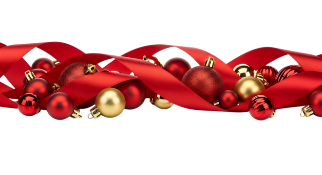 Charming christmas arrangement isolated on transparent background, showcasing a luxurious red ribbon intertwined with an assortment of gold and red baubles, creating a visually stunning and festive ho - Powered by Adobe