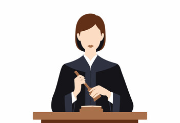 Illustration of Professional Judge with Gavel Making Legal Decision in Courtroom, Wearing Traditional Court Attire Behind Judicial Bench