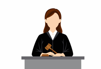 Illustration of a Judge Sitting at a Desk in Courtroom with a Gavel Representing Justice and the Legal System
