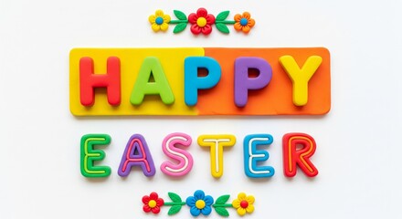 Happy Easter Greeting Made of Colorful Clay Letters with Decorative Flowers