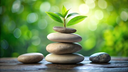 Fototapeta premium Stack of balanced stones with a green sprout