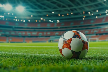 A lone soccer ball rests on the vibrant green field of a massive stadium, anticipation hanging heavy in the air before the electrifying match, under the glow of stadium lights.