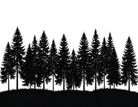 Silhouette of a pine forest, natural landscape and outdoor wilderness isolated on transparent background.