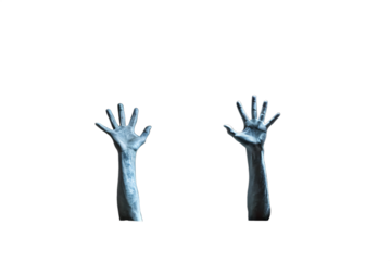 Two ethereal ghostly hands reaching upwards in darkness isolated on transparent background