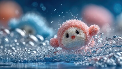 A cute plush toy in watery environment, surrounded by bubbles and vibrant pastel colors