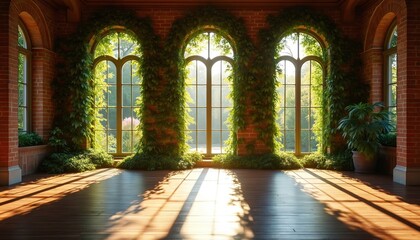 Fototapeta premium Sunlit room with ivy covered arch windows. Large arched windows with green ivy plants. Red brick wall and wooden floor. Sunlight streaming through windows. Green plants in pots. Indoor garden.