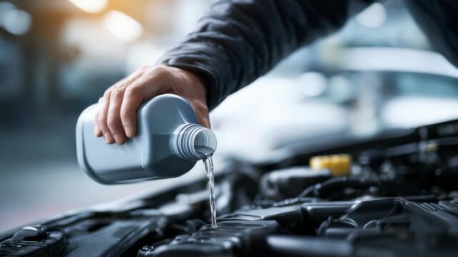 Mechanic hand pouring new engine oil into car engine at service station, focusing on vehicle maintenance, lubrication, automotive care, and engine protection for optimal car performance and longevity