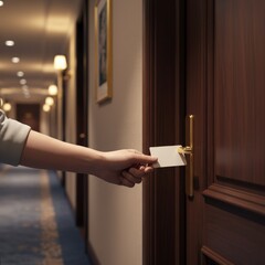 Hotel guest inserting key card into the door of their room, ready to settle in for a comfortable stay, in a modern hotel with a long hallway and soft, warm lighting, creating a sense of welcome