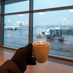 A moment of serenity: holding a cup of hot coffee, a gloved hand pauses before a journey, with airplanes visible through the airport terminal window, creating a calming scene.
