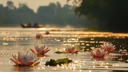 Peaceful lotus flowers on a golden river