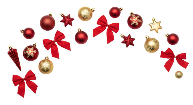 Festive christmas ornament arrangement isolated on transparent background featuring red bows, gold balls, and star decorations, creating a joyful and celebratory holiday scene for seasonal greetings - Powered by Adobe