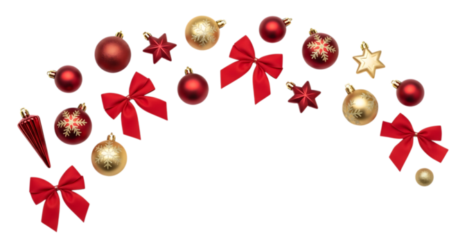 Festive christmas ornament arrangement isolated on transparent background featuring red bows, gold balls, and star decorations, creating a joyful and celebratory holiday scene for seasonal greetings