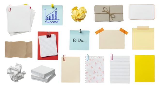 Collection of paper notes and crumpled paper on black background