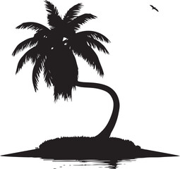 Silhouette of a Palm Tree on a Small Island with Bird