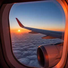 Experience breathtaking views from an airplane window during sunset: the wing, turbine, clouds, and sky combine to create a mesmerizing scene of travel, adventure, and the beauty of flight; perfect