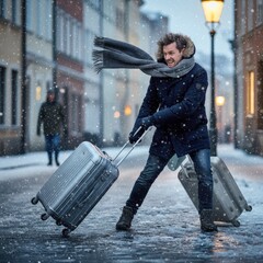 Winter Travel Troubles: A man battling a snowstorm while pulling suitcases on a charming city street, showcasing the humorous challenges of traveling in severe weather conditions with expressive face.