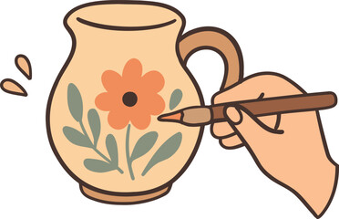 Vector doodle kawaii illustration of a hand painting a clay jug with a brush.