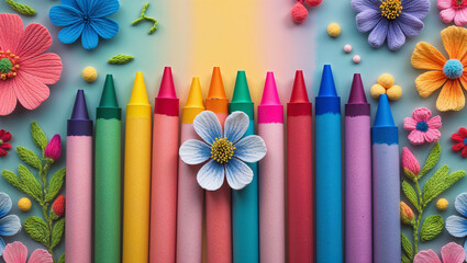 Colorful crayons forming a vibrant rainbow with handmade flowers for creative expression
