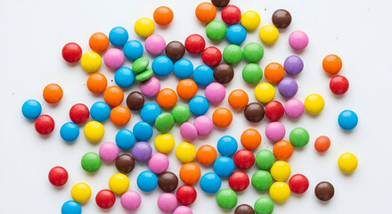 Obraz premium Scattered Colorful Chocolate Candies on White Background