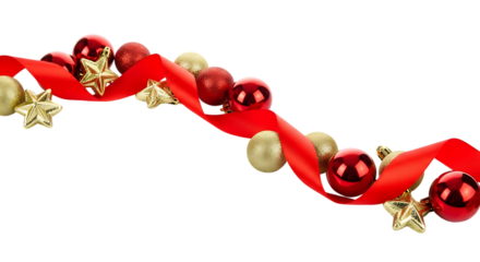 Festive christmas decoration featuring red ribbon, red baubles, and gold star ornaments, isolated on transparent background perfect for holiday cards, banners, and seasonal designs