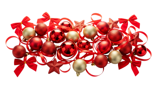 Festive christmas arrangement isolated on transparent background featuring red bows, stars, and ornaments, creating a joyful and celebratory atmosphere for holiday greetings and designs, perfect for s