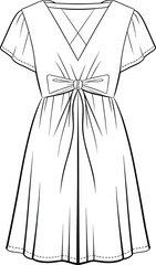 CAD drawing flat vector, short sleeve dress sketch, v-neck bow front fashion design, waist tie clothing template, garment flat illustration
