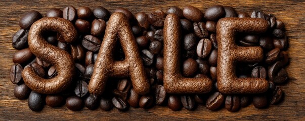 Decorative Sale Text Constructed From Coffee Beans on Rustic Wooden Background